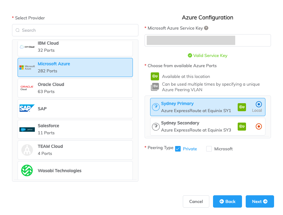 La página de nueva conexión con el proveedor Microsoft Azure y la opción de peering 'Private' seleccionada
