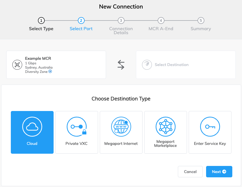 Pantalla de 'Type' de nueva conexión, con la opción 'Cloud' seleccionada
