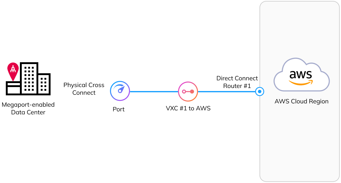 Diagrama de 1 Port en 1 centro de datos conectado a 1 router de AWS Direct Connect mediante 1 VXC