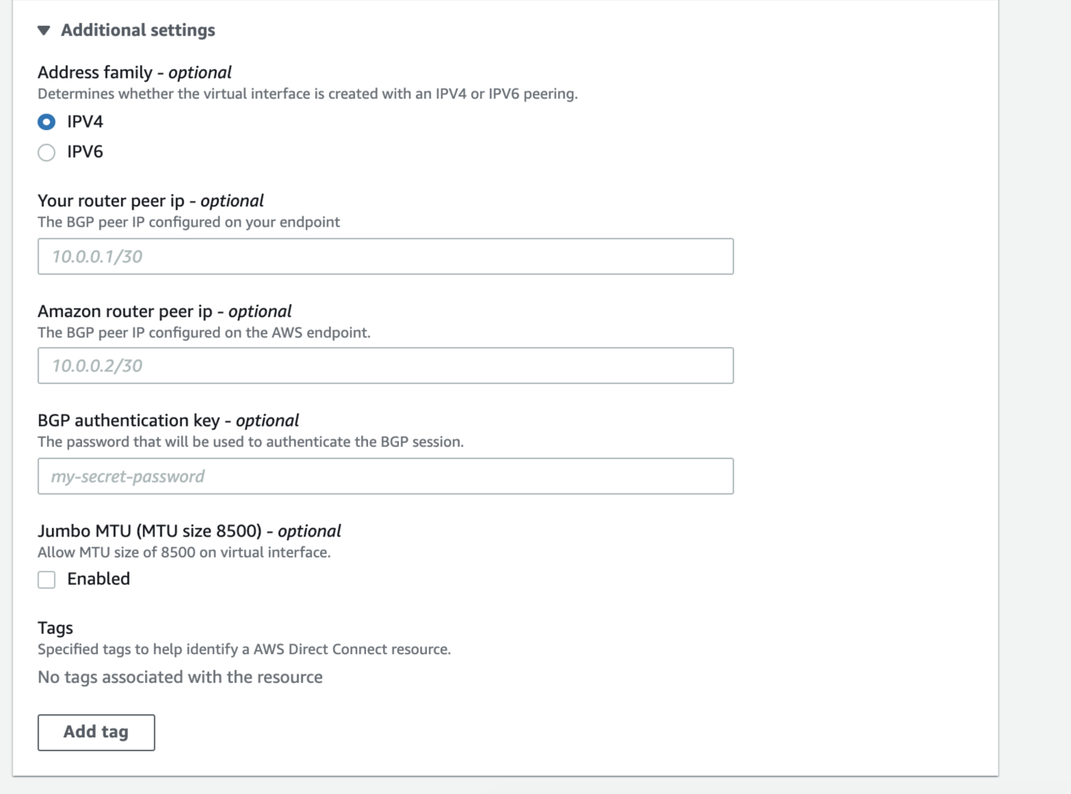 Detalles de BGP de AWS