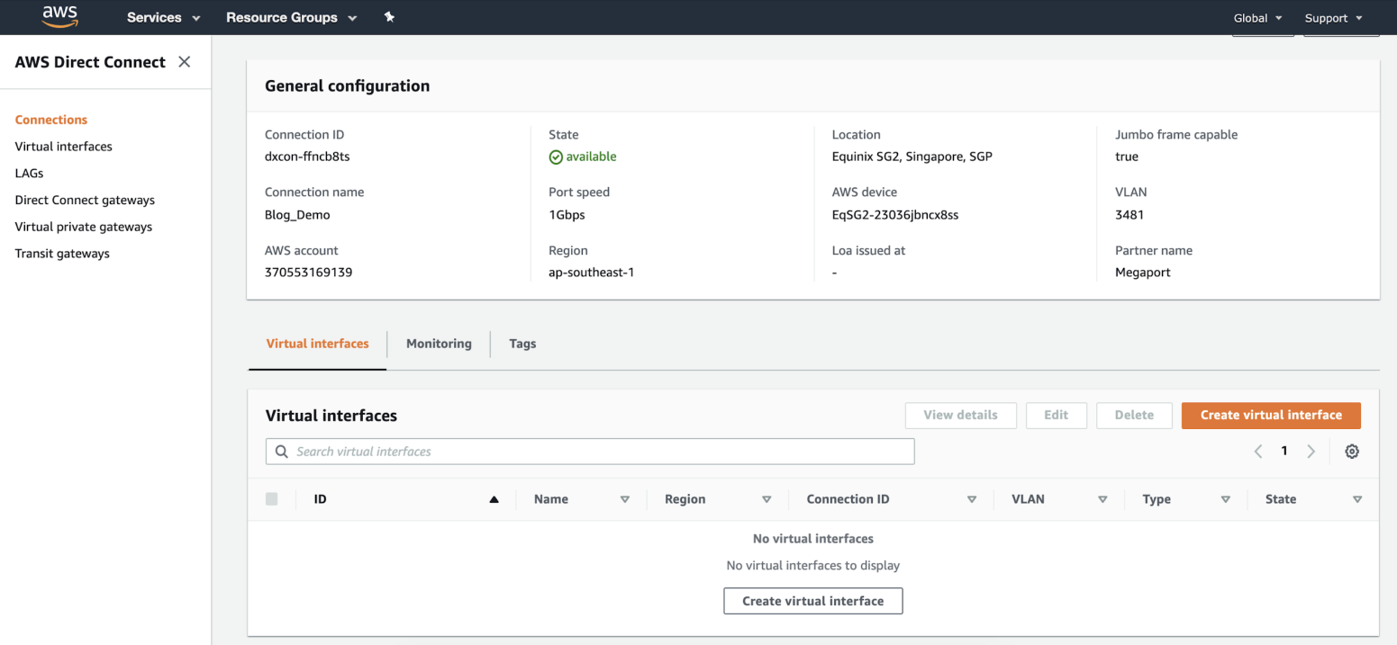 Estado de la conexión de AWS