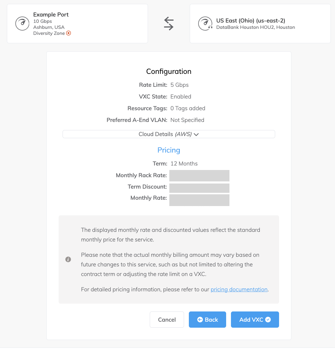 Detalles de AWS para la conexión Hosted VIF