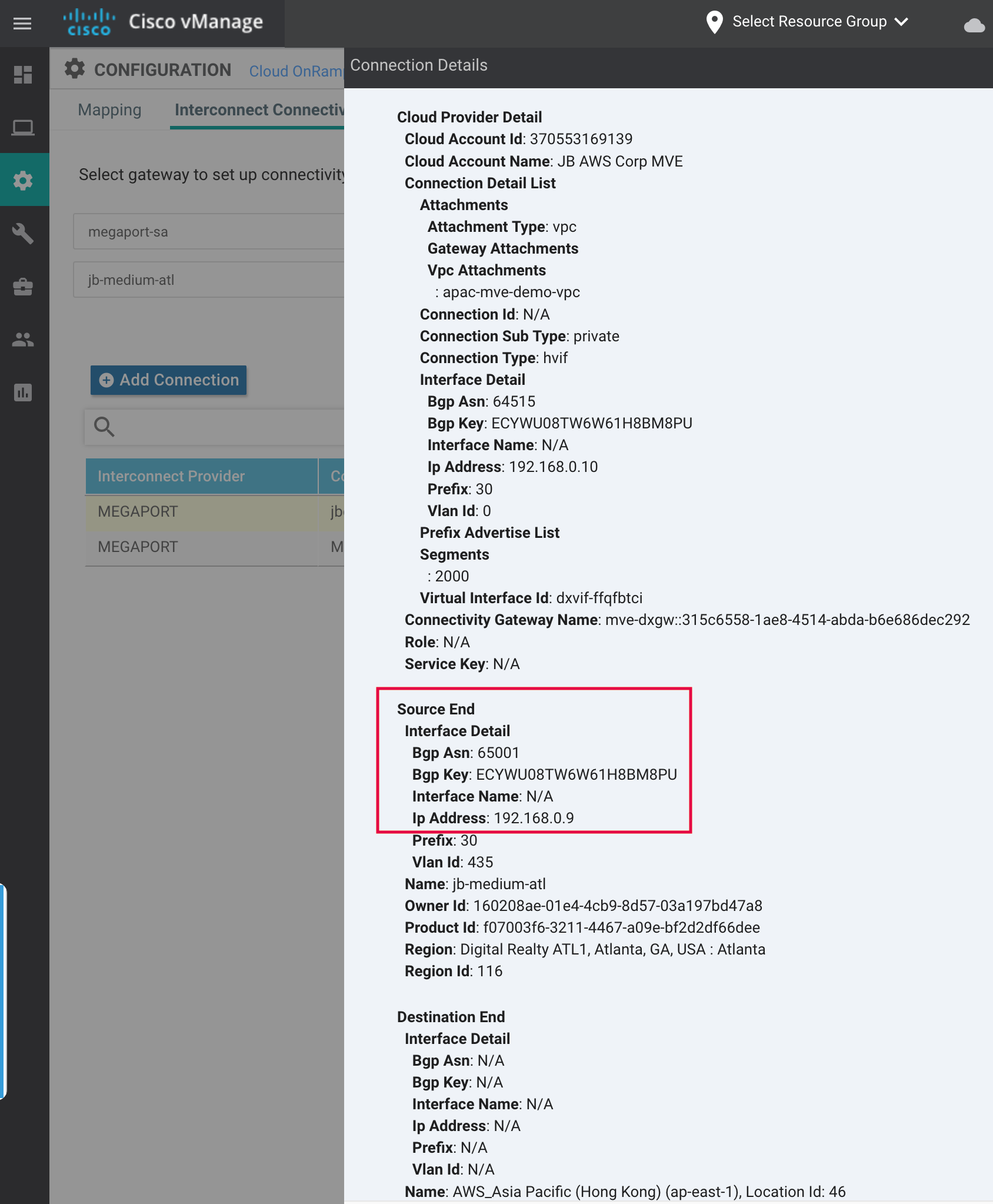 Detalles de la conexión de AWS