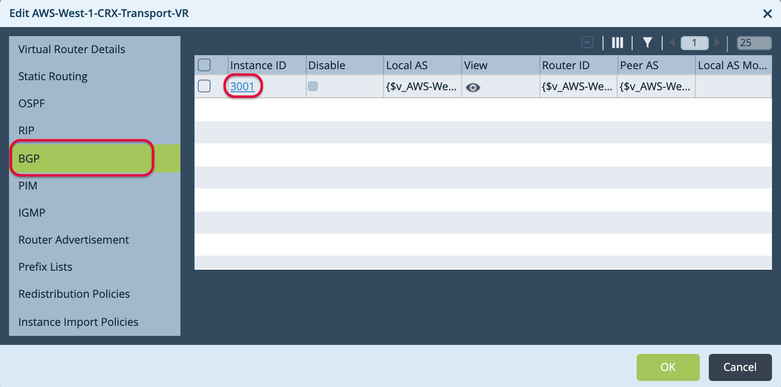 Ventana Edit BGP Instance