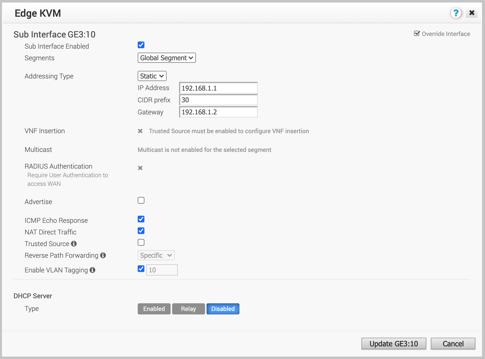 Configuración de la subinterfaz