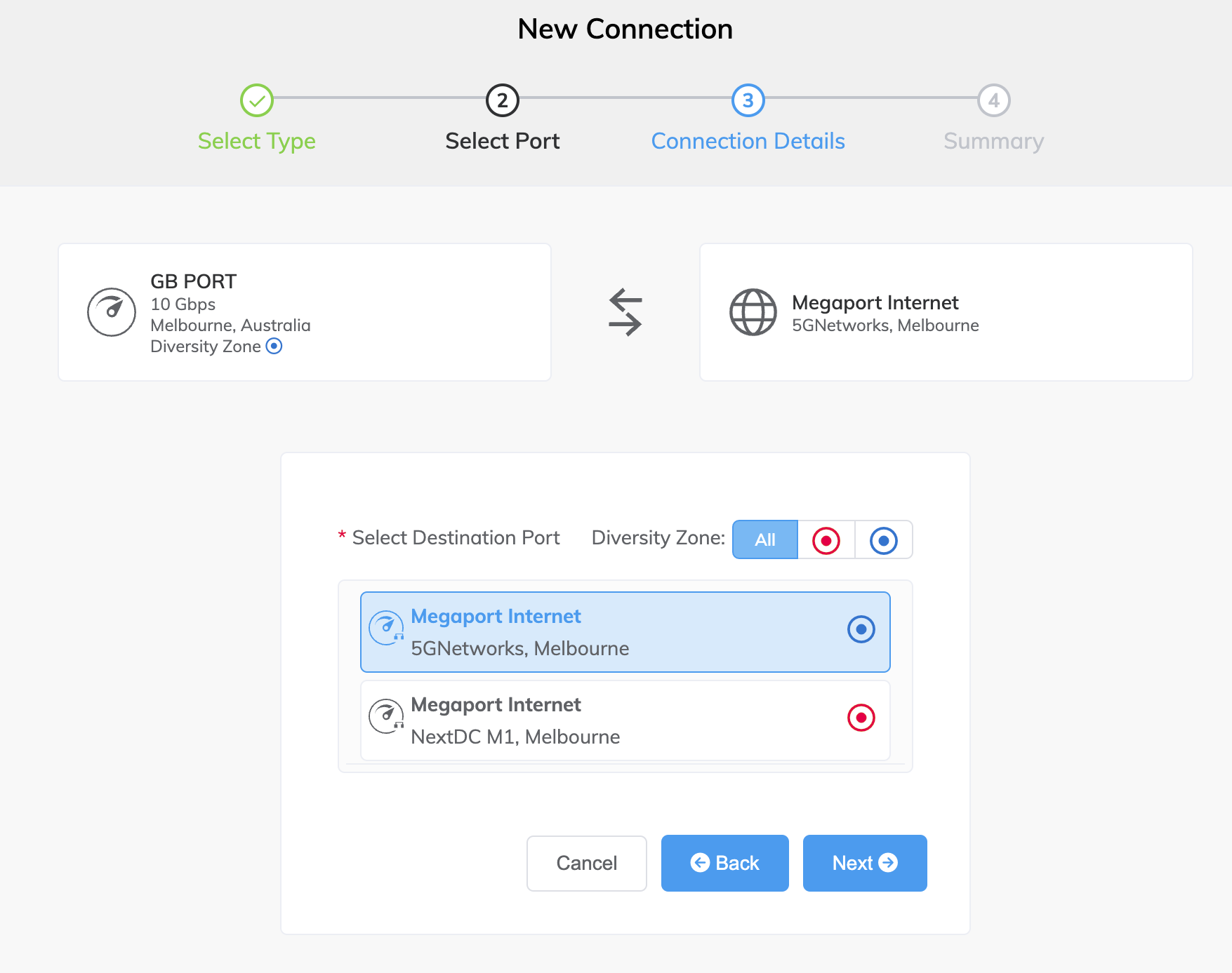 Seleccione el extremo B o el router de IP Transit para la conexión de Megaport Internet