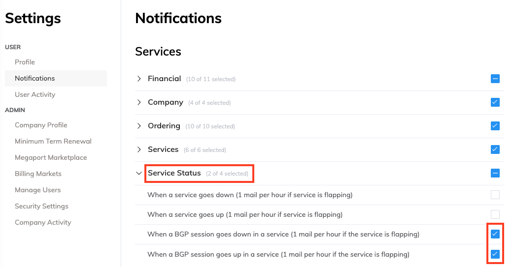 Notificación de estado del servicio