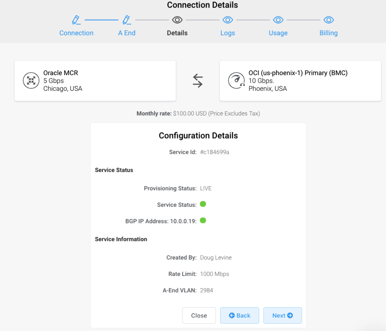 Détails de la connexion VXC