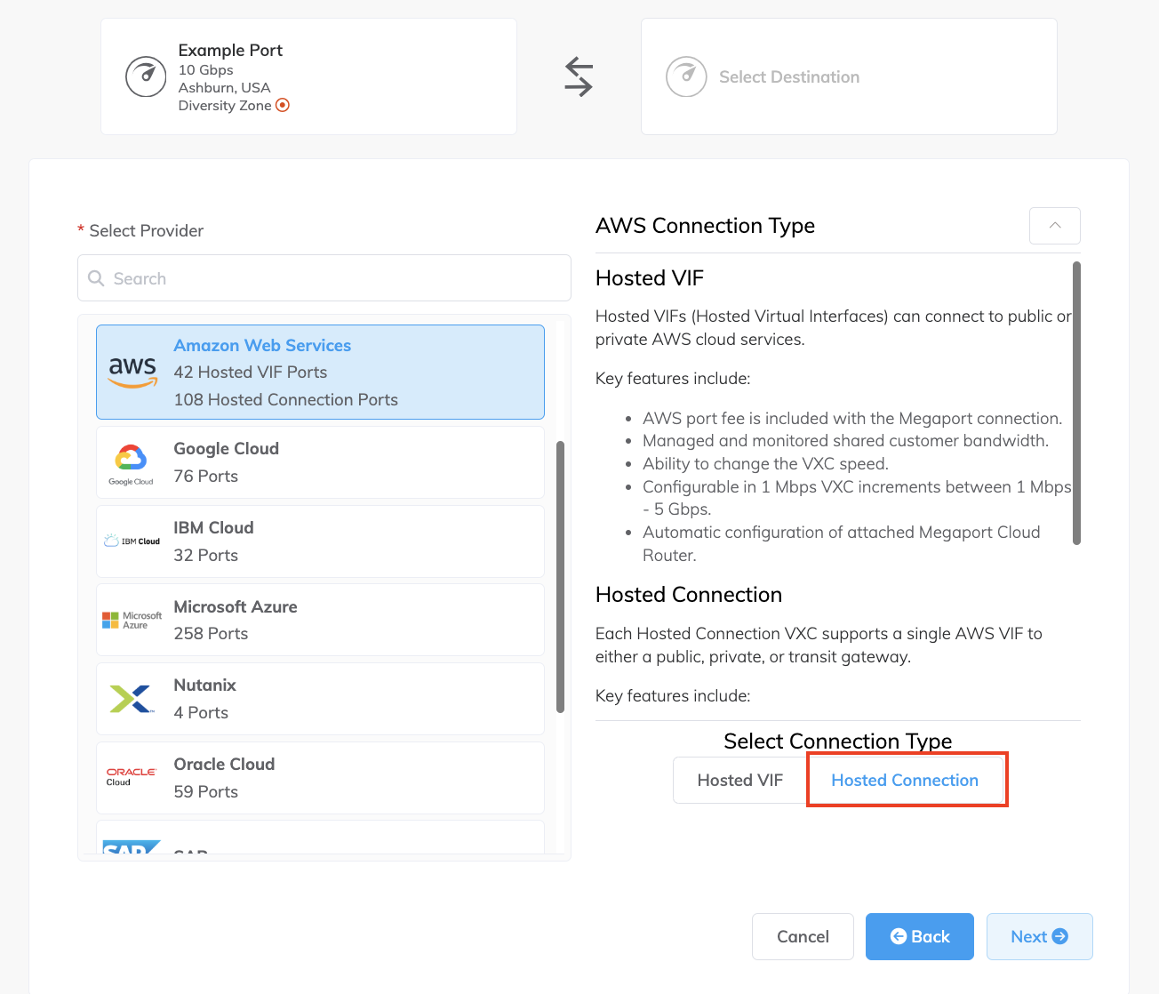 Sélection de Connexion AWS Hébergée