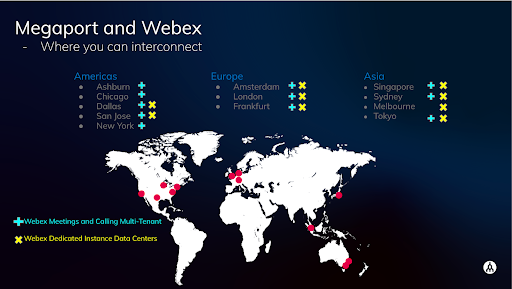 Webex Edge Connect est disponible dans ces emplacements avec Megaport. Y compris Asie-Pacifique, Europe, et Amérique du Nord