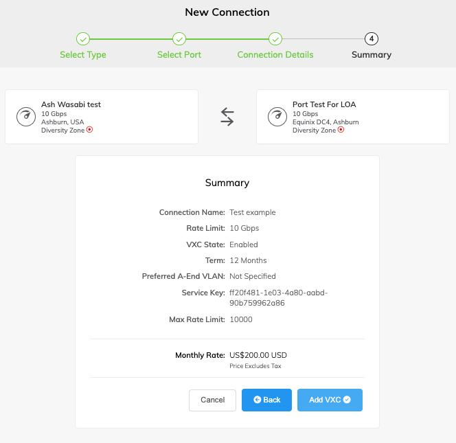 Cette image montre un résumé des détails de la connexion Wasabi. Elle montre les paramètres définis lors de la configuration - Nom de la connexion, limite de débit, état vxc, terme, vlan préférée A-End, clé de service, limite de débit max, et le tarif mensuel. Il y a trois boutons à la fin - Annuler, retour et Ajouter VXC.