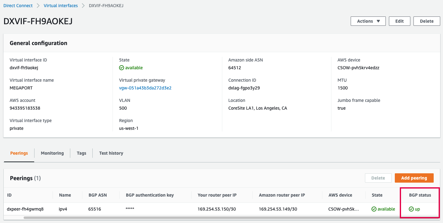 État du pair BGP pour Aruba dans la console AWS