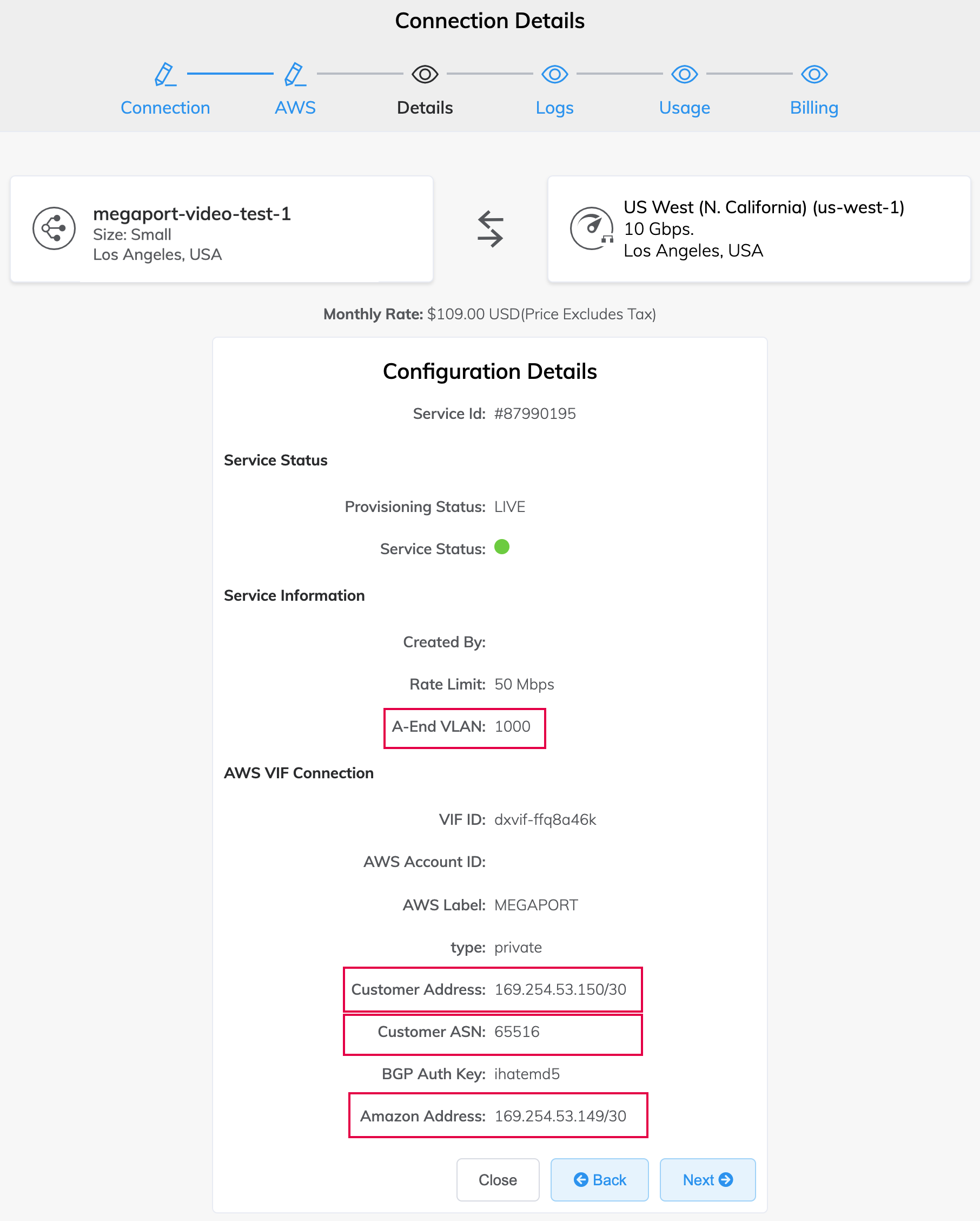 Détails de la connexion AWS