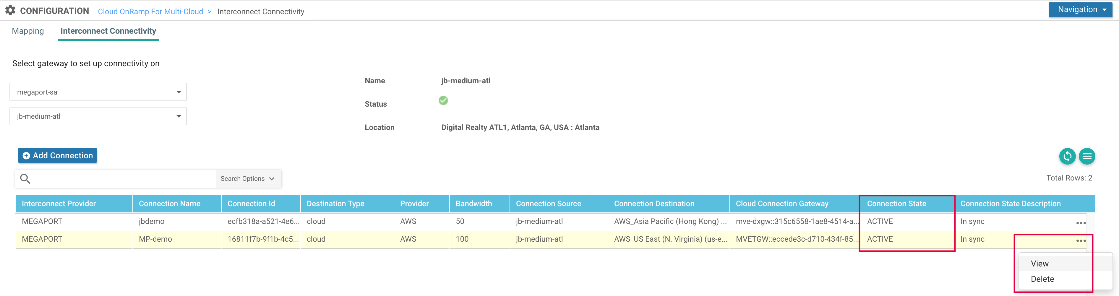 État et Détails de la Connexion AWS vManage