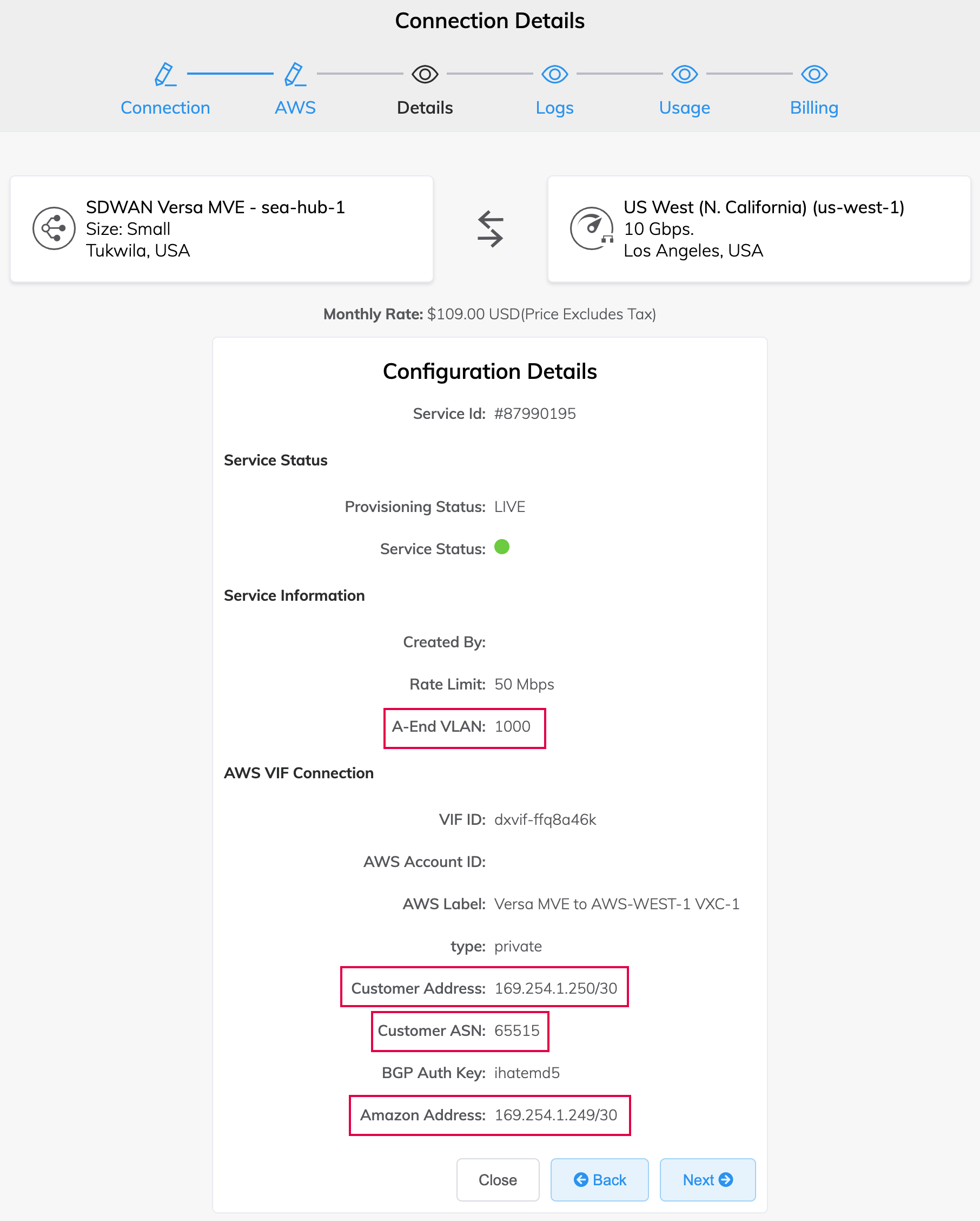 Détails de la connexion AWS