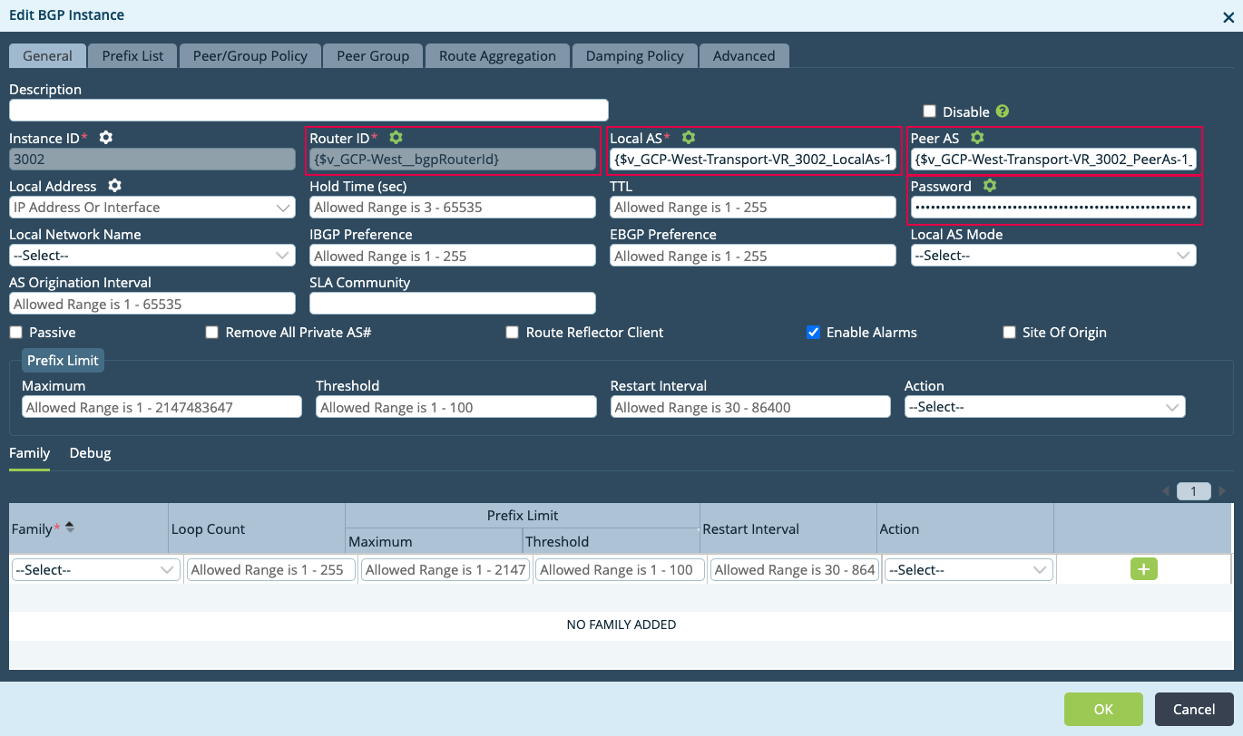 Fenêtre Modifier l'instance BGP