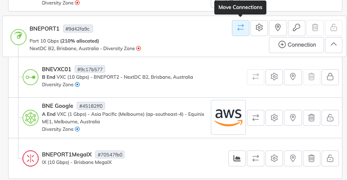 Cette image montre le Port A-End et une liste de détails de haut niveau des VXC à partir de la page Services. Le bouton Move VXC est montré sur le port et sur chaque VXC.