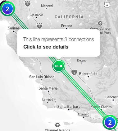 Cette image montre le pop-up qui apparaît lorsque vous survolez une icône de connexion sur l'une des lignes de connexion. Elle dit 'Cette ligne représente 3 connexions. Cliquez pour voir les détails.