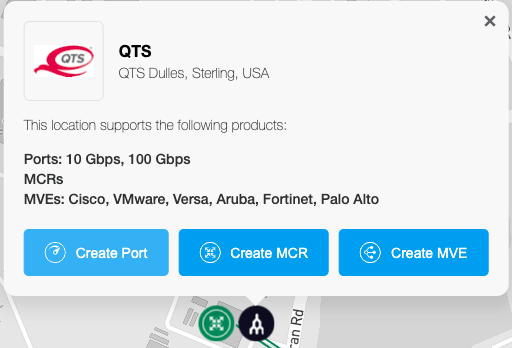 Cette image montre les détails pour un emplacement étendu. Elle indique 'Cet emplacement prend en charge les produits suivants : Ports - 10 Gbps, 100 Gbps, MCRs, MVEs. Cisco, VMware, Versa, Aruba, Fortinet, Palo Alto.' Il y a des boutons en bas du pop-up qui disent 'créer Port', 'créer MCR', et 'créer MVE'.