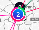 Cette image montre un cercle bleu solide contenant le nombre deux. Le cercle bleu est entouré par un cercle vert et rouge, qui est deux tiers rouge, et un tiers vert.
