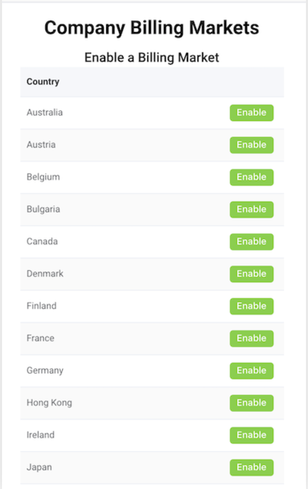Page des marchés de facturation de l'entreprise