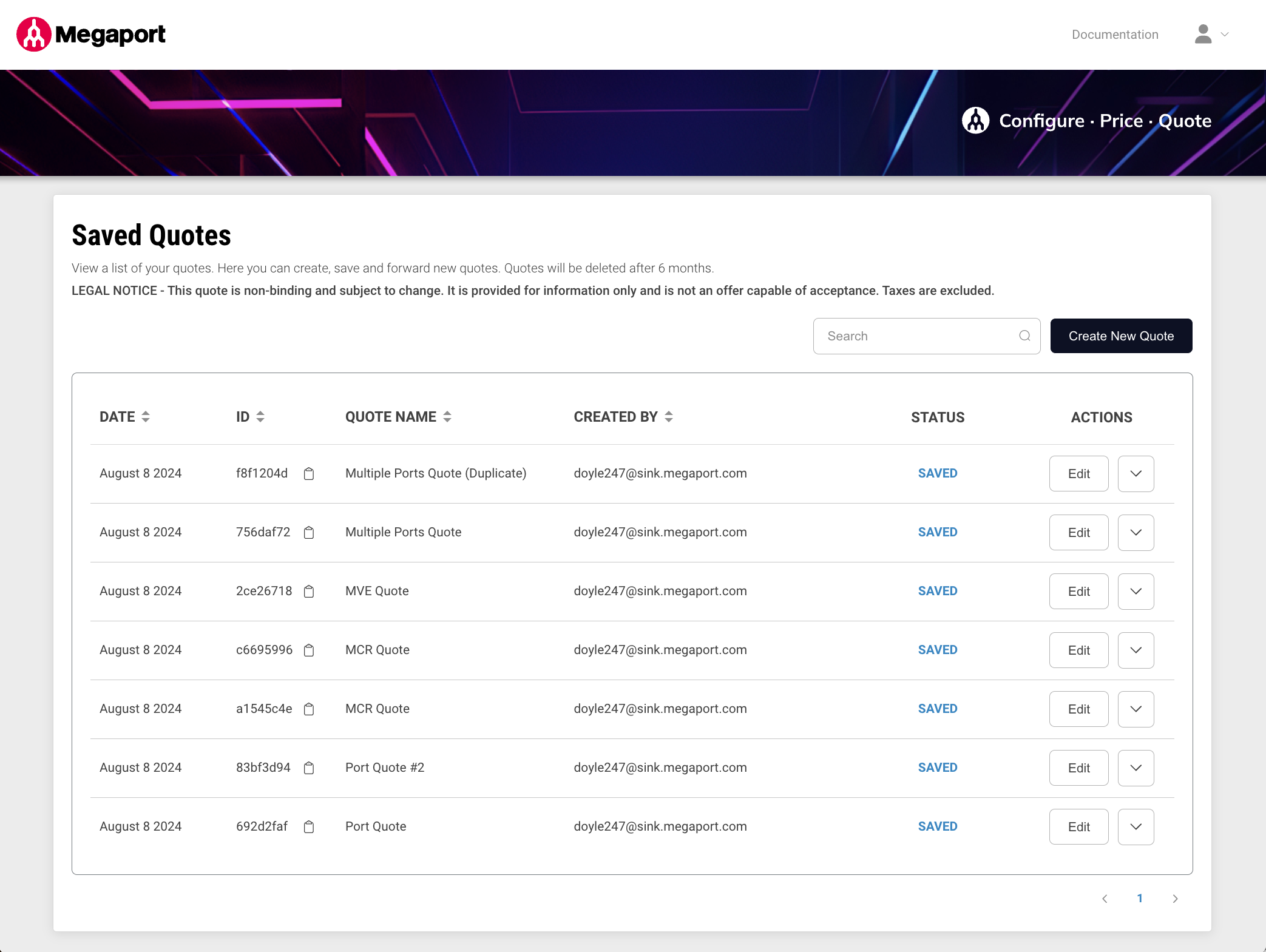 Page des Devis Enregistrés du Quoting Tool
