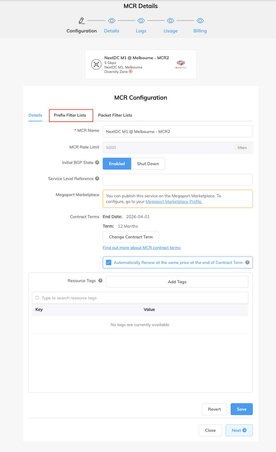 Onglet Prefix Filter Lists (Listes de filtres de préfixes)