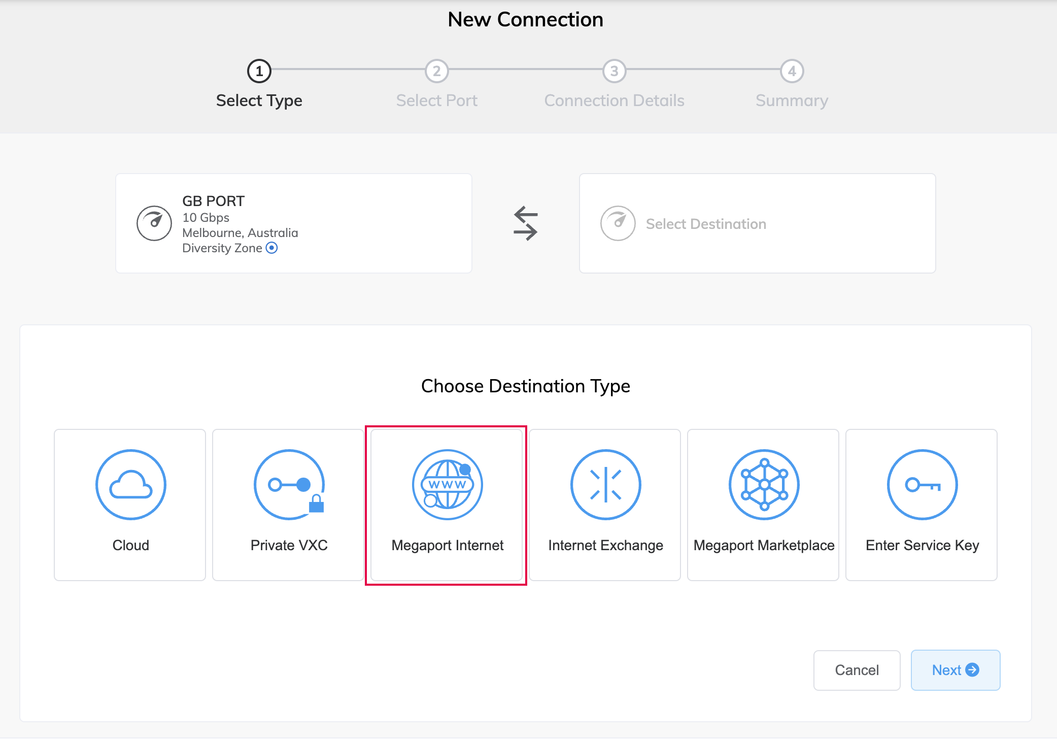 Créer une connexion Megaport Internet