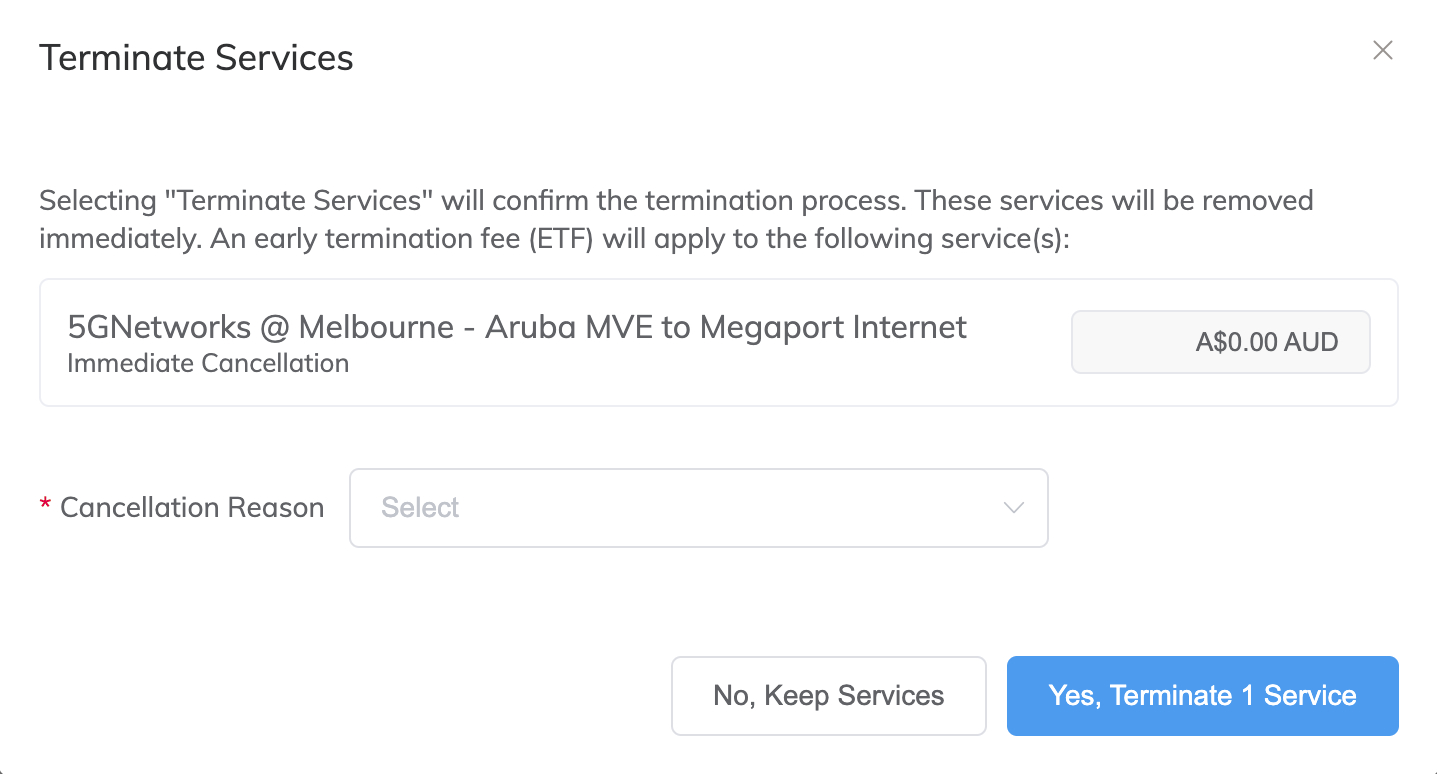 Fenêtre de terminaison des services de suppression Megaport Internet