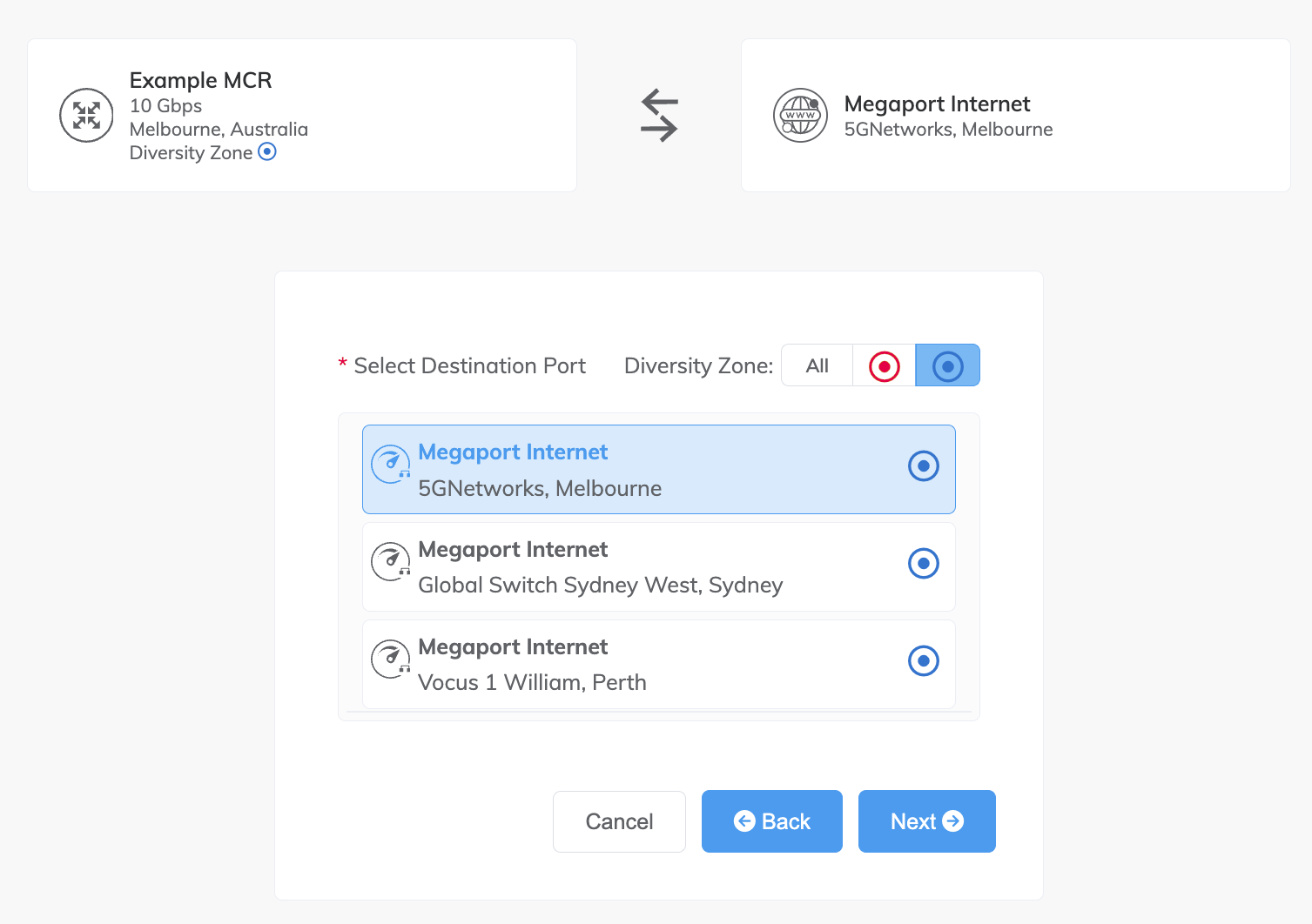 Sélectionnez le routeur B-End ou IP Transit pour la connexion Megaport Internet