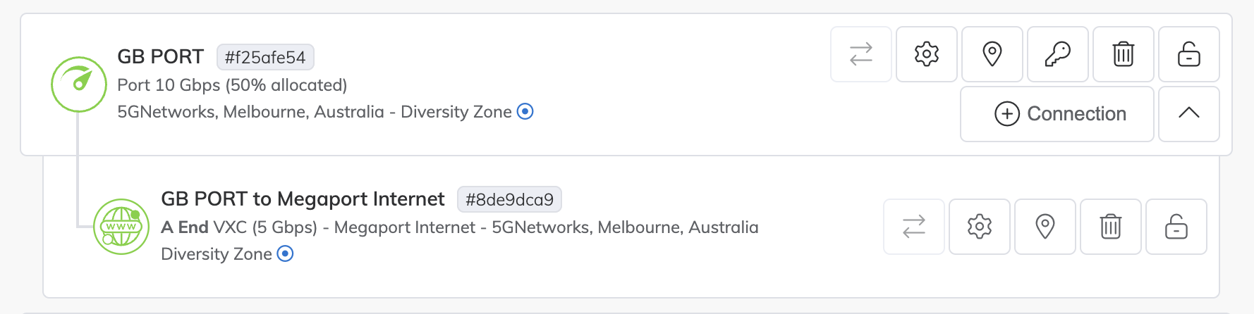 Connexion Megaport Internet déployée et visible dans le Megaport Portal