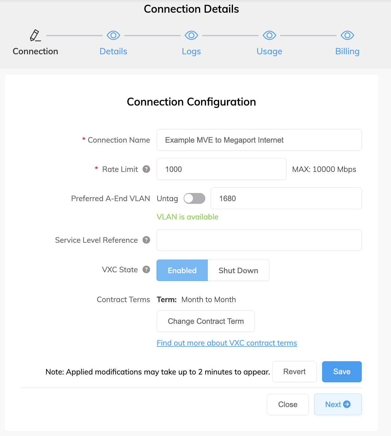Détails de la connexion Megaport Internet