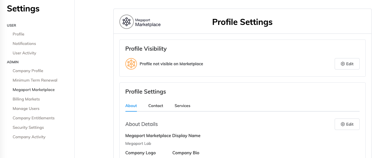 Cette image montre la page de profil Megaport Marketplace.