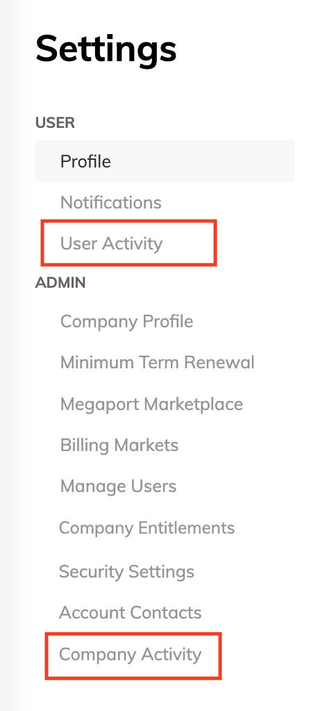 Cette image montre les options Activité de l'utilisateur et Activité de l'entreprise dans les paramètres Portal