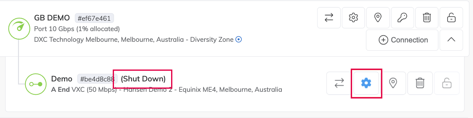 サービスページでのVXC接続のシャットダウン