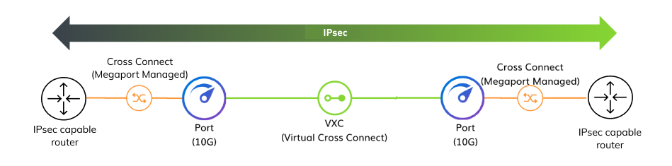 IPsec顧客対顧客接続図。この画像は、顧客のIPsec対応ルーターから、Portに接続されているVXCを通して別のPortに接続され、別の顧客のIPsec対応ルーターに接続されているIPsec暗号化接続の構成を示しています。