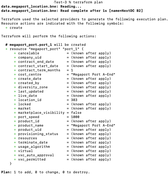 Exemplo de saída de terraform plan