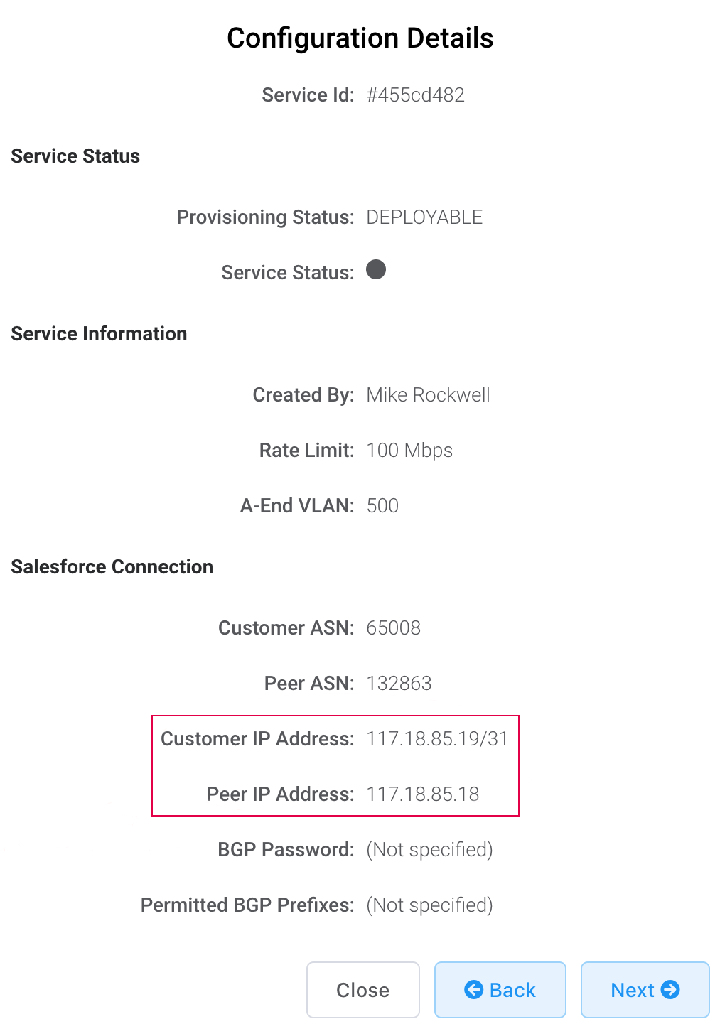 SFDC 的 BGP 详细信息
