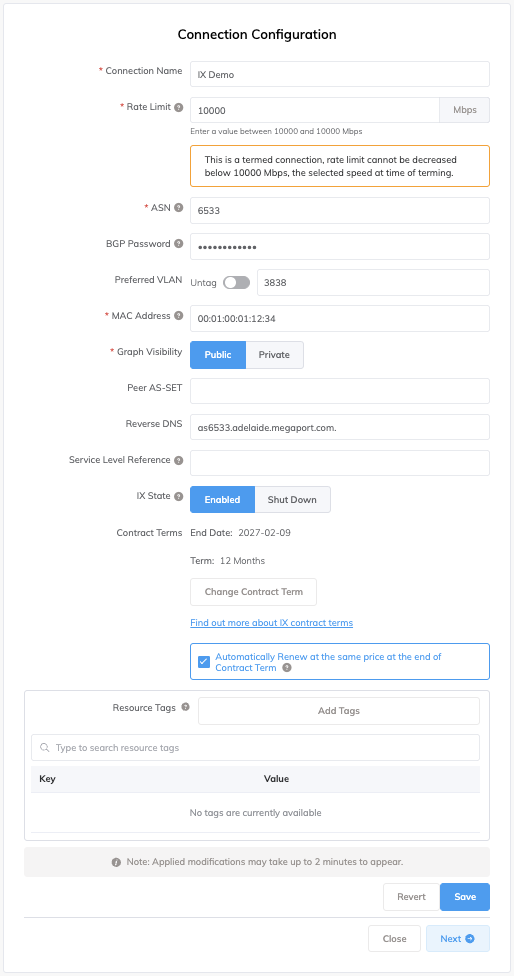 IX Connection Configuration 页面